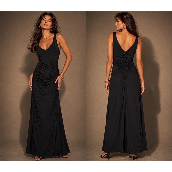 Compliance Alliance Dresses & Skirts - VTG 90s Maxi Dress S Black Ruched V-Neck Gothic Glam Formal Old Hollywood Chic